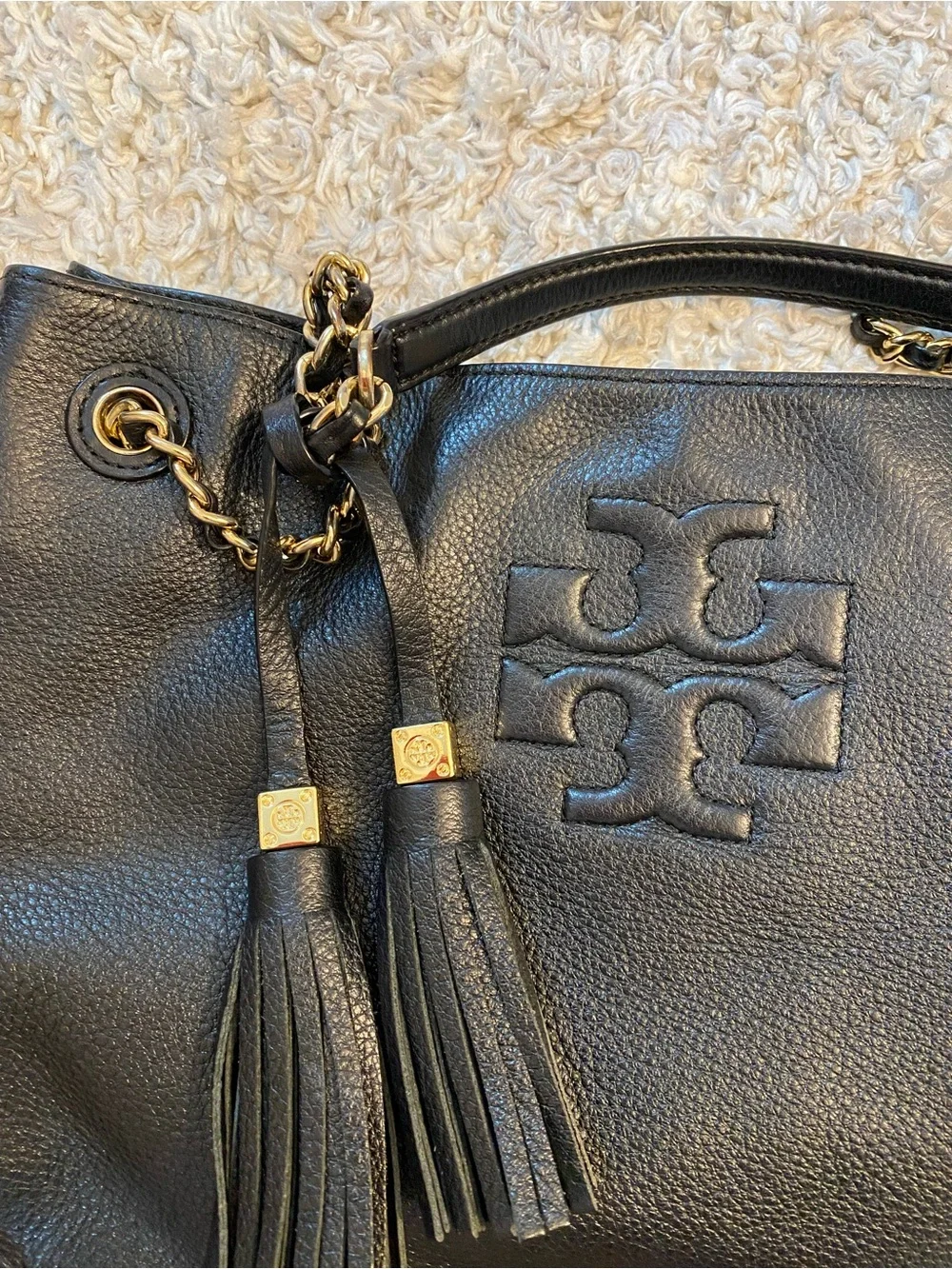 Tory Burch Black Pebbled Leather Tote with Chain-Strap and Tassels